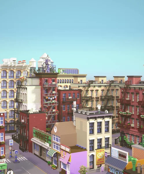 çizgi film stilize şehir 3D render. Piksel sanat şehri. Eski tuğla binalar ve küçük dükkanları ile tipik New York tarihi bölge. Kent içi. Sokak perspektif kuş bakışı