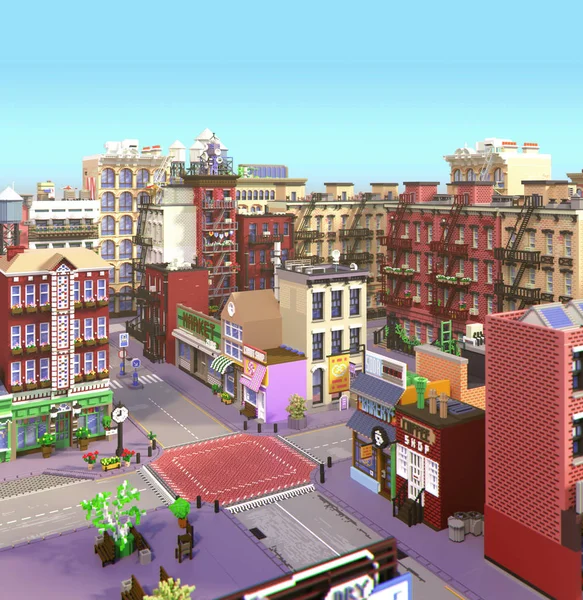 3d rendering of cartoon stylized town. Pixel art city. Typical New York historic district with old red brick buildings and small shops. Urban area.  Street perspective  bird\'s eye view
