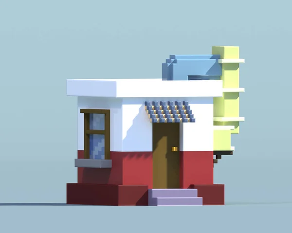 3d rendering of pixel art building. Game assets 8-bit sprite. Design stickers, logo, mobile app. Isometric block architecture. Isolated on grey background with shadow.  Maintenance building