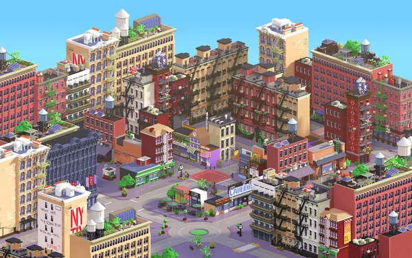 çizgi film stilize şehir 3D render. Piksel sanat şehri. Eski tuğla binalar ve küçük dükkanları ile tipik New York tarihi bölge. Kent içi. İzometrik kuş bakışı sokakları ve kavşak
