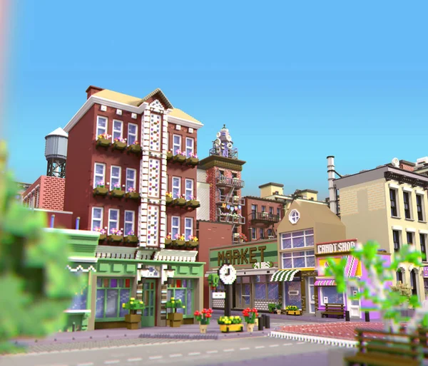 卡通程式化小镇渲染 像素艺术城市 典型的纽约历史区与老红色砖大厦和小商店 城市地区 透视视图从街道 — 图库照片