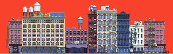 3D render düz izometrik blok binalar Infographic kavram kümesi. Kırmızı zemin üzerine şehir sokak. Ev simgesini koleksiyonu. Bina cephe önden görünüm. Piksel sanat. Tipik New York tuğla binalar ile yangın merdivenleri