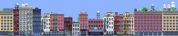 平面等轴砌块建筑的渲染图表概念 城市街道在蓝色背景 房子图标集合 建筑门面前视图 像素艺术 纽约建筑无缝模式 — 图库照片