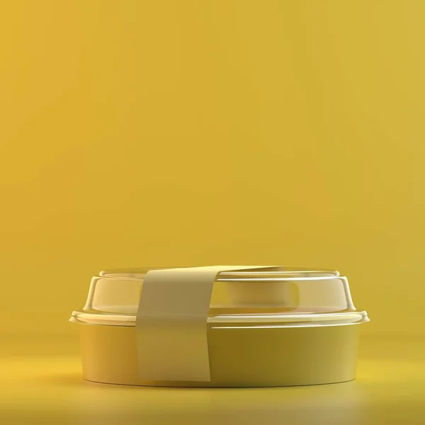 丸いプラスチック製の食品パッケージのレンダリングします デザインのモックアップ すべてのオブジェクトと背景は 一色の明るい色で塗装 完全モノクロ イラスト 合計黄色 — ストック写真