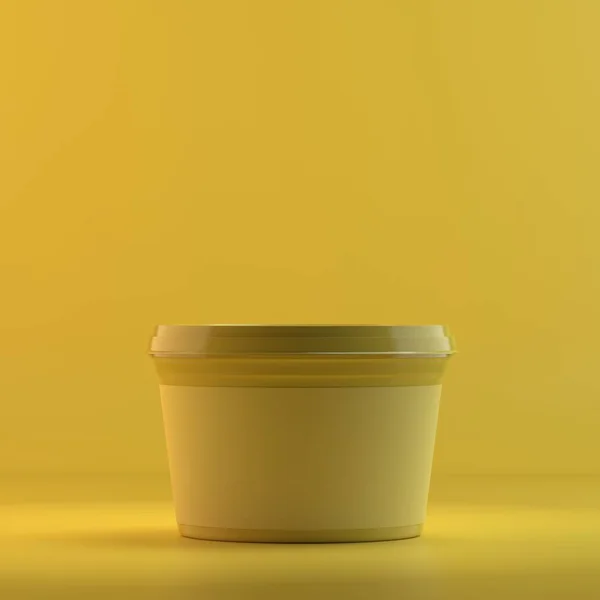 Rendering of  ice cream round container. 3D design mockup. All objects and background painted in one bright colour. Full monochrome illustration. Total yellow color.