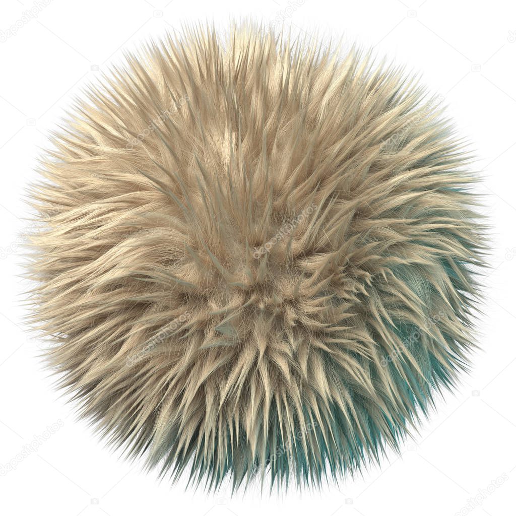 3d rendering of fluffy ball. Frizzy beige hair pompon. Realistic shiny fur with clumps and detailed shadow. Isolated on white background