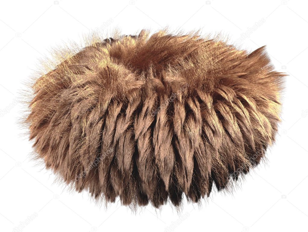 3d rendering of fluffy ball. Frizzy red hair pompon. Realistic shiny fur with clumps and detailed shadow. Isolated on white background