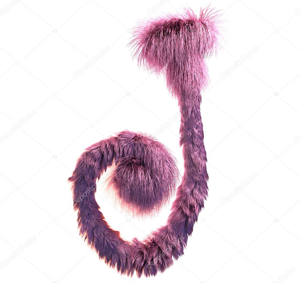 3d rendering of fluffy realistic faux fur character. Furry font isolated on white background. 3d hair. Icon or capital letter G