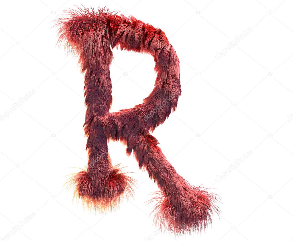 3d rendering of fluffy realistic faux fur character. Furry font isolated on white background. 3d hair. Icon or capital letter R