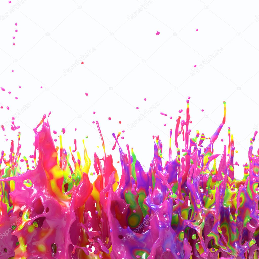 3d rendering of colorful splash. Many colors diffuse in one liquid drop. Abstract paint explosion on white background. Glossy oily fluid with rainbow stains. Mixed different pigments