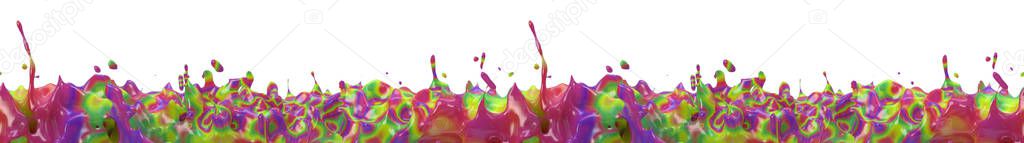3d rendering of colorful splash. Many colors diffuse in one liquid drop. Abstract paint explosion on grey background. Glossy oily fluid with rainbow stains. Mixed different pigments. Seamless patter