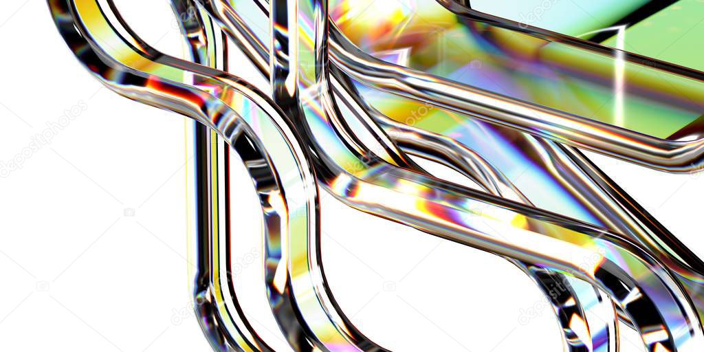 3d rendering of multicolor background with iridescent translucent pattern. Digital illustration, holographic pastel colors, green bottle glass lines isolated on white background. Rainbow refraction