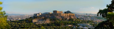 Gündoğumu Atina Parthenon ve Lycabettus panoramik manzaraya