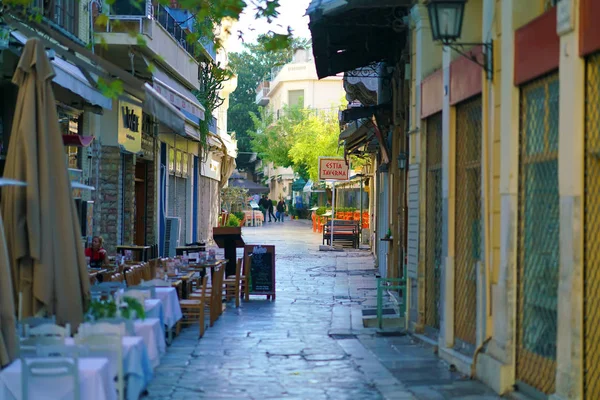 Października 2018 Ulicy Restauracjami Starej Dzielnicy Plaka Atenach — Zdjęcie stockowe