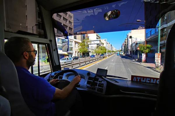 Grécia Atenas Outubro 2018 Vista Cidade Ponto Vista Motorista Ônibus — Fotografia de Stock