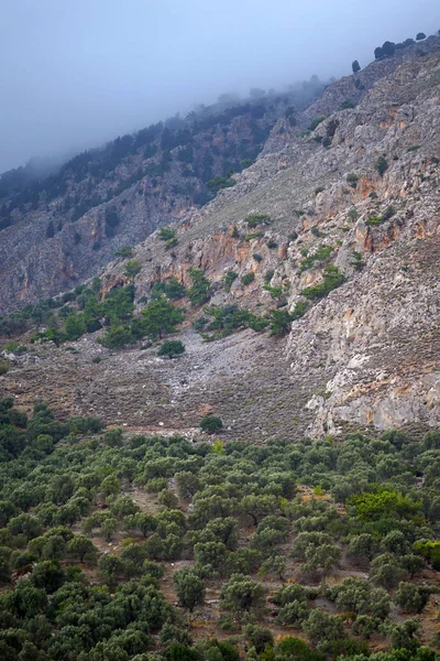 Vista do campo, das colinas com montanhas ao fundo em Creta — Fotografia de Stock