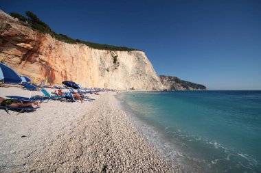 Lefkada, Yunanistan, 16 Temmuz 2018, Porto Katsiki sahili ve denizi manzarası