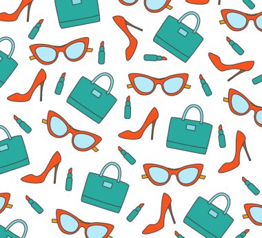 Dikişsiz desen giysi. Beyaz arka plan üzerinde elbise öğeleri kümesi. Kadın giyim. Vektör çizim.