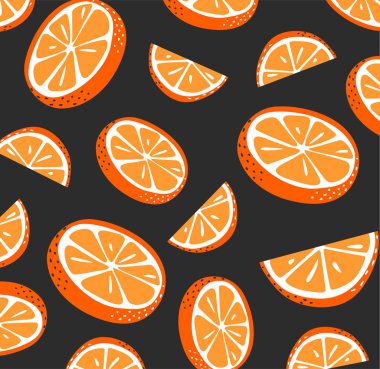 Dilimler ve tüm turuncu yaz deseni. Vektör çizim parlak renkli narenciye düz çizgi film tarzı.