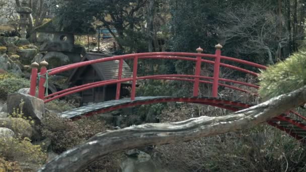 Röd Välvda Bron Över Floden Nära Landsväg — Stockvideo