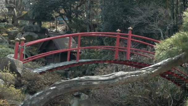 Rote Bogenbrücke Über Fluss Nahe Landstraße — Stockvideo