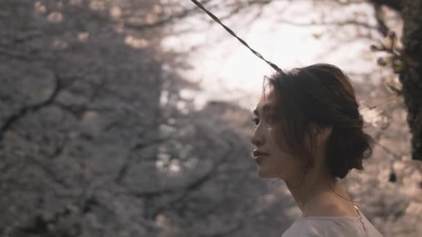 亚洲妇女靠在栏杆上看河流和樱花 — 图库视频影像