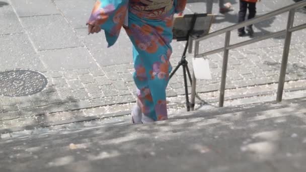 Woman Beautiful Blue Kimono Walking Stairs — Stock Video