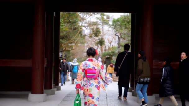 鎌倉の大きな木製の門を歩いて白い着物姿の美しい女性 — ストック動画