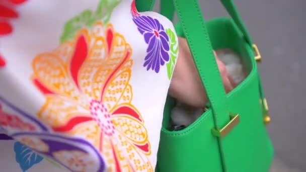 Vacker Kvinna Kimono Kontrollera Handväska Kamakura — Stockvideo