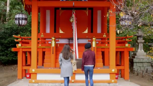 Κορίτσια Που Προσεύχεται Μεγάλο Πορτοκαλί Σιντοϊστικό Ναό Στο Κιότο Της — Αρχείο Βίντεο
