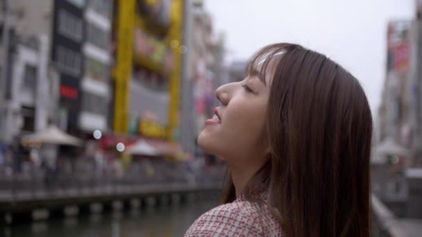 Japanese Woman Sightseeing Popular Dotonbori Osaka City — Stock Video