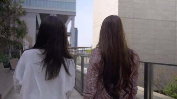 Siguiendo a dos mujeres japonesas charlando en la ciudad, 4k — Vídeos de Stock