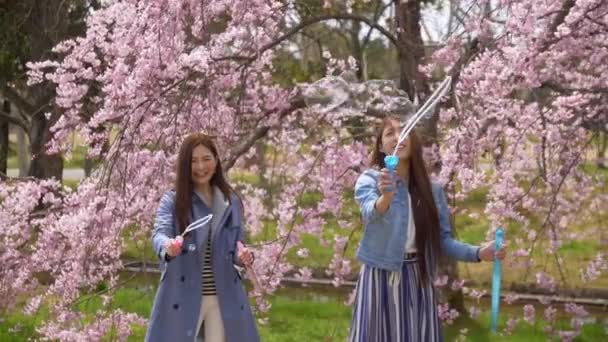 Japanese women playing with bubbles in cherry blossom park, Slow-Motion. — Stock Video