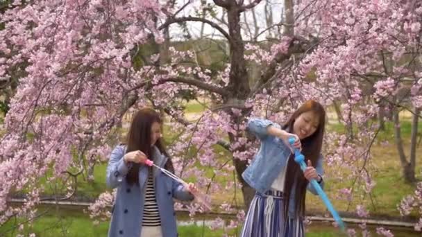 Niedliche japanische Frauen spielen mit Blasen im Kirschblütenpark, Zeitlupe. — Stockvideo