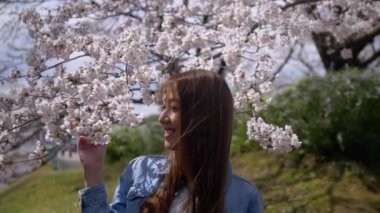 Kiraz çiçeği ile gülümseyen çekici Japon kadın, Yavaş Hareket.