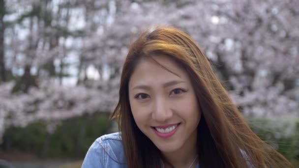 Hermosa mujer japonesa disfrutando de las flores de cerezo, Slow-Motion . — Vídeo de stock
