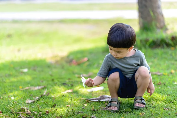 Çocuklar açık hava aktivitelerinden zevk alıyordu yere düşmüş beyaz bir çiçek aldı ve elindeki çiçeğe baktı..