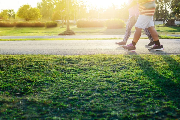 Resim, güneşin parladığı parkta birlikte yürüyen ve egzersiz yapan iki kişinin bacaklarına odaklanıyor. Vücut sporcu olmadığı için koşmaya başlamadan önce yürümeyi seçin.