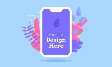 Telefon mockup tasarım gösteri arka plan üzerinde egzotik yaprakları ile modern düz stilde için