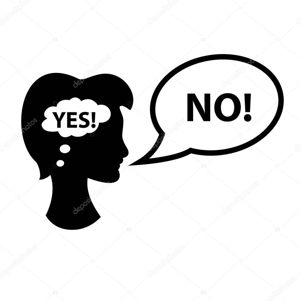 Woman is thinking yes, saying no. Vector illustration.