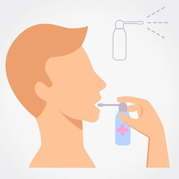 Man using throat spray simple flat vector illustration on grey background. — Stock Vector