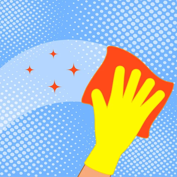 İnsan eli holding toz bezi. Çizgi roman tarzı. Vektör çizim.