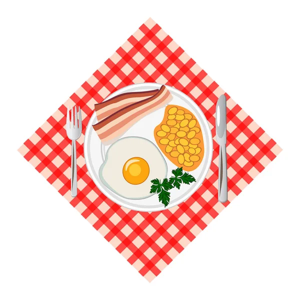 Café da manhã tradicional com ovo frito, bacon, feijão. Vista superior. Ilustração vetorial . —  Vetores de Stock