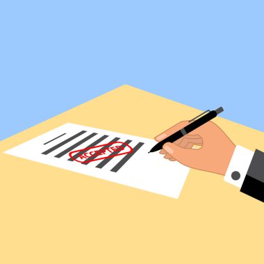 Belgeyle birlikte o kabul edilen damgası imzalama adam. Basit düz tasarım vektör çizim.