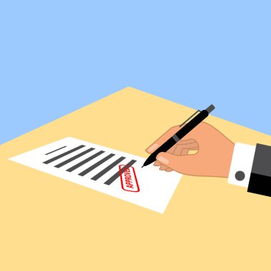 Adam üzerine onaylanmış damgasını taşıyan belge imzalama. Basit düz tasarım vektör çizim.