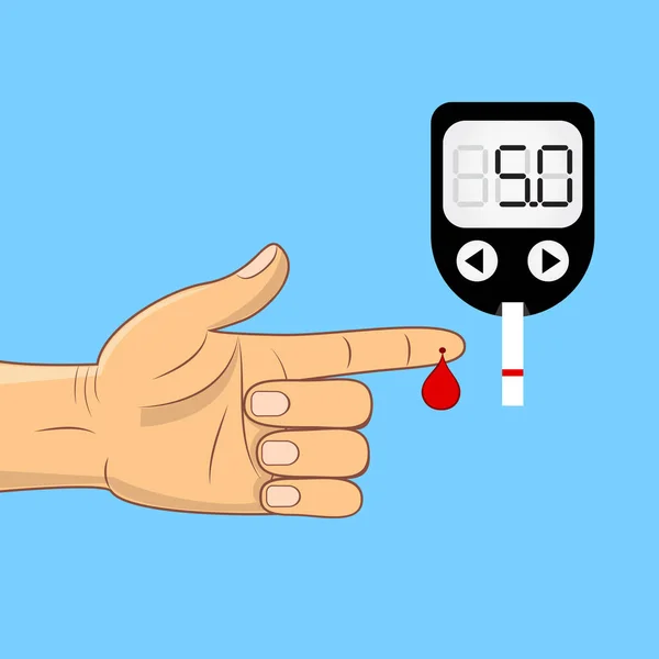 Finger with blood drop. Blood glucose measuring device vector icon. Simple flat design. — Stock Vector