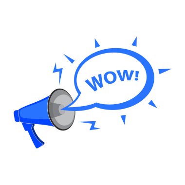 Beyaz arka plan üzerinde izole metin - Wow, basit düz vektör çizim ile megafon ve konuşma balonu