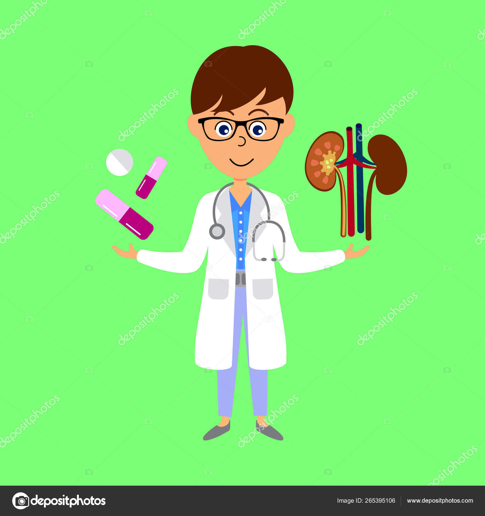 Médico dos desenhos animados com medicamentos e equipamentos médicos.  Conceito de saúde. Ilustração vetorial plana . imagem vetorial de Zanna26©  316280110