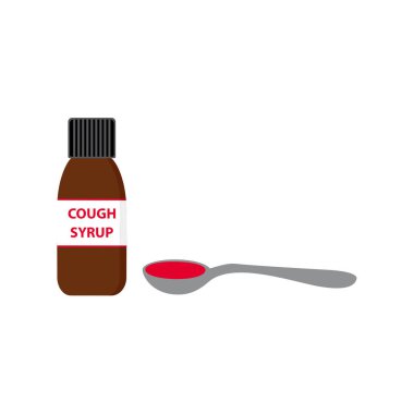 Öksürük şurubu. Sıvı ilaç bir kaşık içine dökülür. Beyaz arka planda yalıtılmış basit düz vektör simgesi.