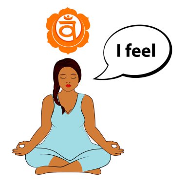 Meditasyon eden kadın. Ben hissediyorum - çakra Swadhisthana için onay. Beyaz arka planda yalıtılmış vektör çizimi.